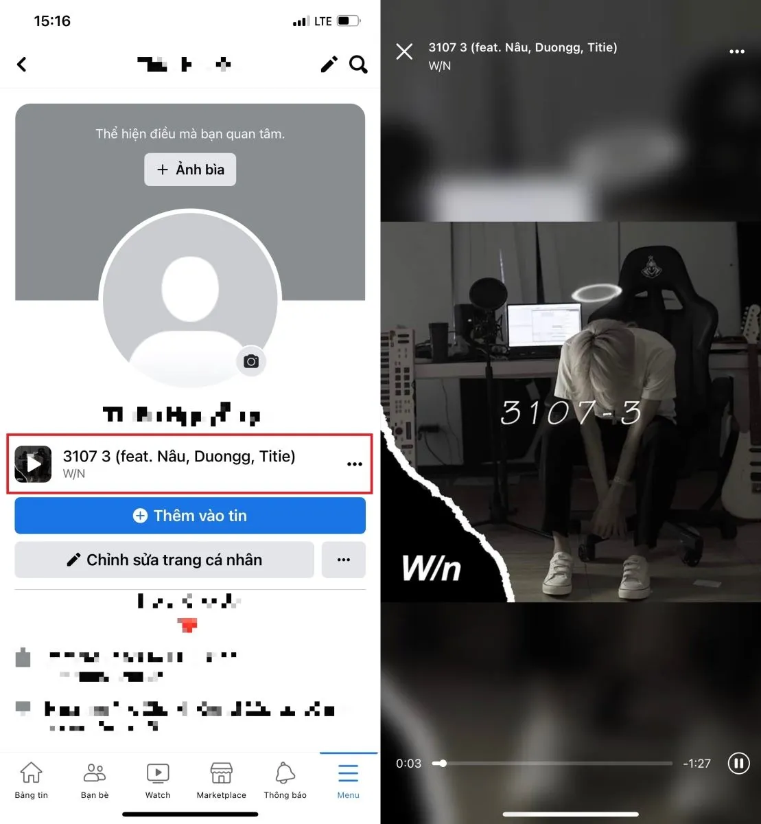 Bài hát đã ghim được hiển thị nổi bật trên tiểu sử Facebook sau khi hoàn tất