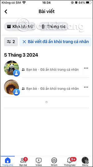Bài viết ẩn trên Facebook theo ngày