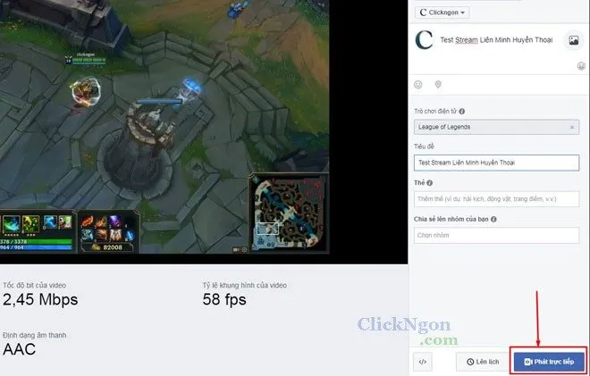 Bấm Phát trực tiếp trên Facebook sau khi OBS đã kết nối