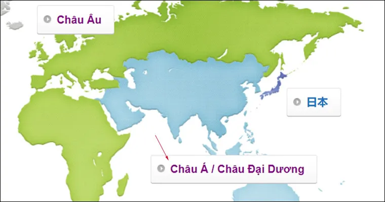 Bản đồ khu vực hiển thị để người dùng chọn vị trí địa lý của mình trên trang web Brother Solutions