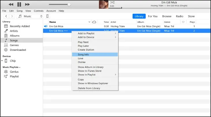 Bạn nhấp chọn Song info để lấy thông tin bài hát