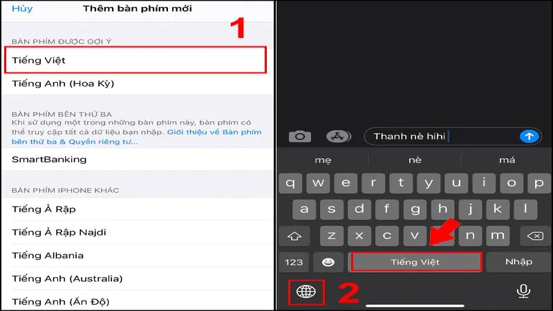 Bàn phím iPhone: Biểu tượng quả địa cầu để chuyển đổi ngôn ngữ