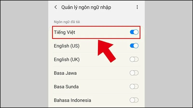Bàn phím Samsung: Bật công tắc Tiếng Việt