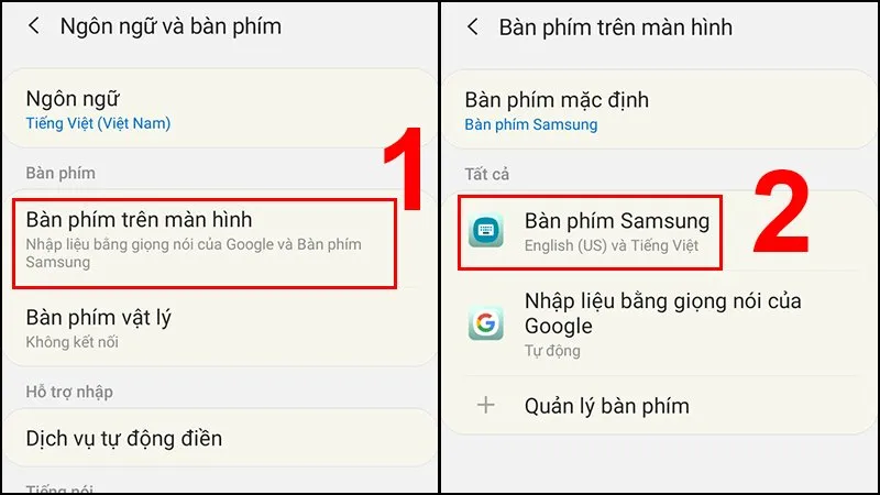 Bàn phím Samsung: Ngôn ngữ và Bàn phím > Bàn phím trên màn hình > Bàn phím Samsung