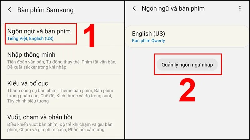 Bàn phím Samsung: Ngôn ngữ và loại bàn phím > Quản lý ngôn ngữ nhập