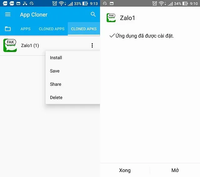 Bản sao ứng dụng Facebook đã được tạo thành công trên điện thoại