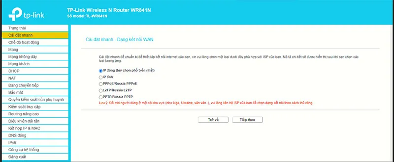 Bạn thiết lập địa chỉ IP động cho Modem WiFi chính
