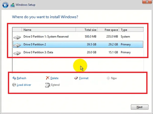 Bảng thông số các ổ đĩa và phân vùng hiện có
