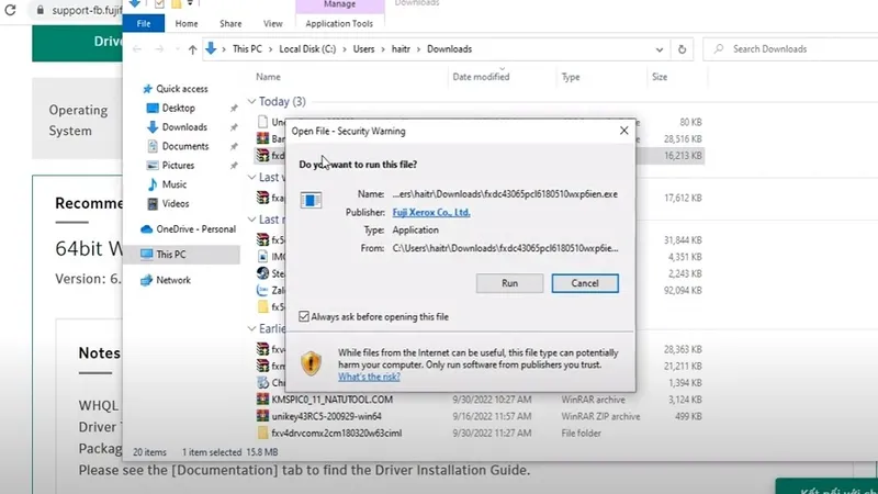 Bắt đầu quá trình cài đặt driver Fuji Xerox bằng cách chọn Run