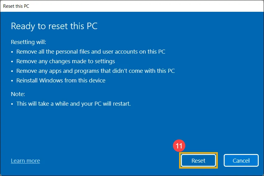 Bắt đầu quá trình Reset Windows 11 (Xóa mọi thứ) trên laptop ASUS