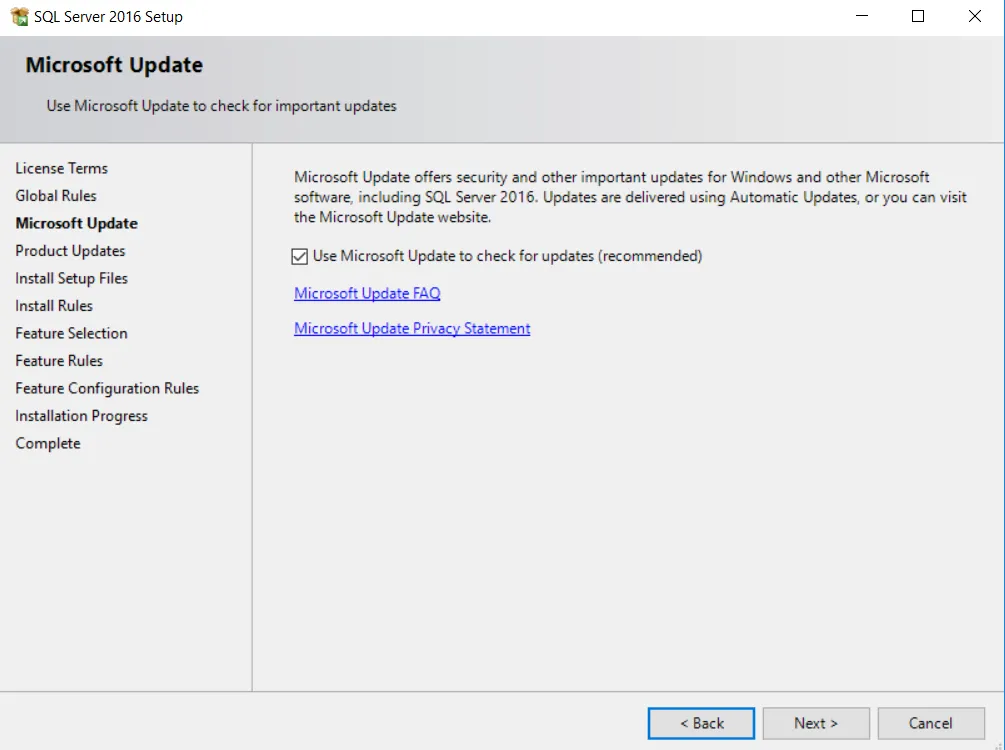 Bật tính năng Windows Update cho Microsoft SQL Server 2016