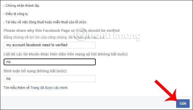 Biểu mẫu gửi lý do đề nghị xác minh tài khoản Facebook cá nhân