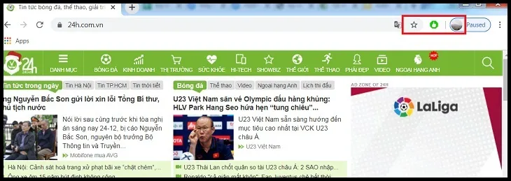 Biểu tượng AdBlock chuyển màu báo hiệu đã vô hiệu hóa thành công trên miền đang truy cập