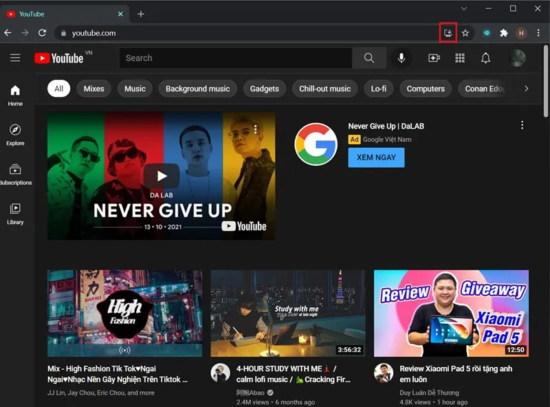 Biểu tượng cài đặt ứng dụng YouTube PWA nằm trên thanh địa chỉ của trình duyệt Chrome