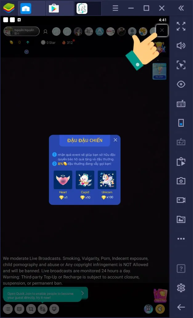 Biểu tượng dấu X ở góc trên bên phải màn hình livestream Bigo Live, dùng để thoát buổi phát sóng