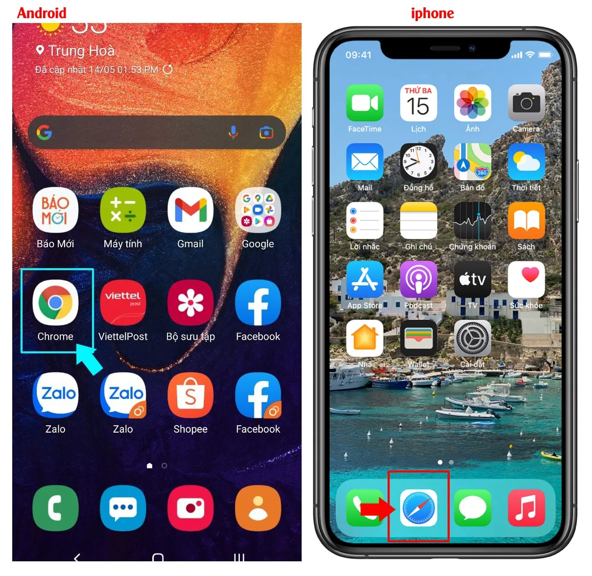 Biểu tượng trình duyệt web Chrome trên Android hoặc Safari trên iPhone