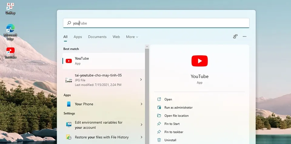 Biểu tượng YouTube đã được cài đặt trong menu Start sau khi sử dụng PWA trên máy tính Windows