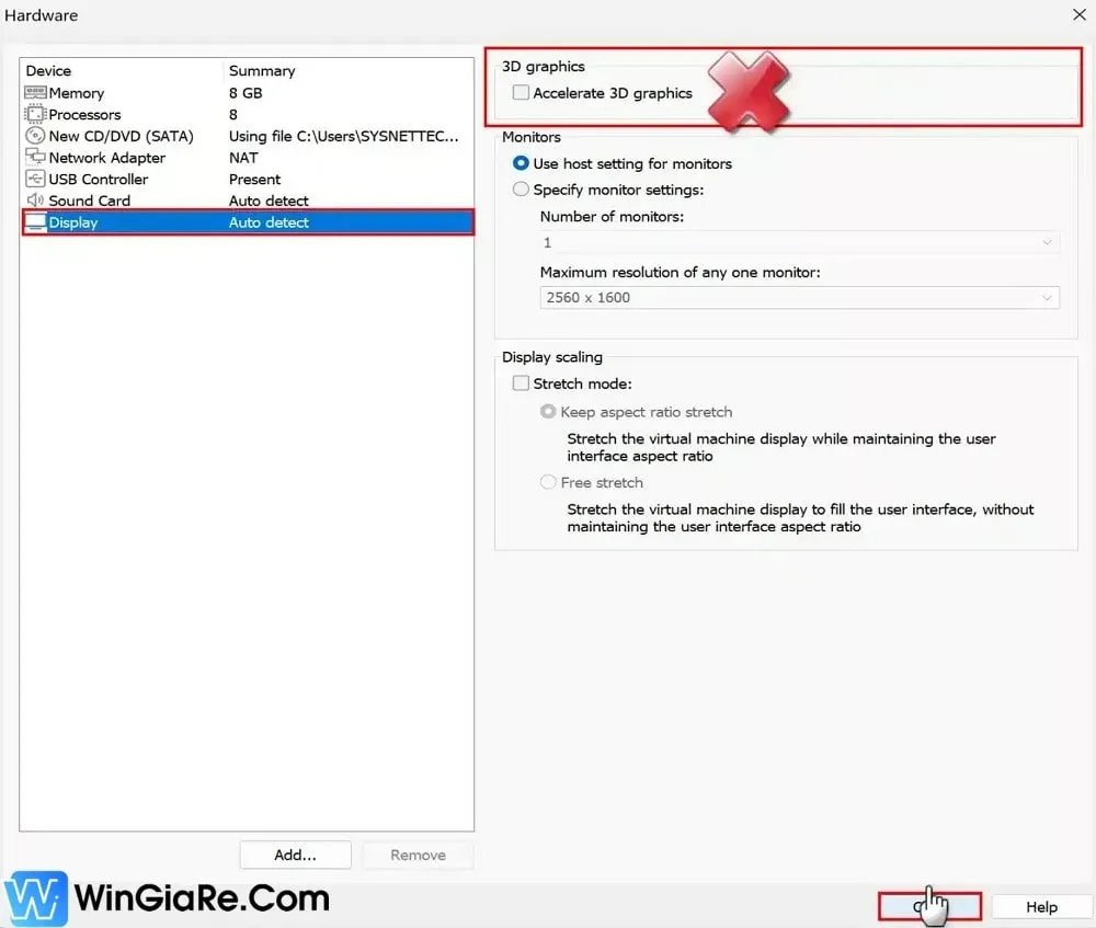 Bỏ chọn Accelerate 3D Graphics trong mục Display