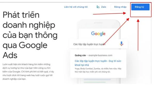 Bước 1: Hình ảnh hướng dẫn tạo tài khoản Google Ads miễn phí, chọn Đăng Ký.