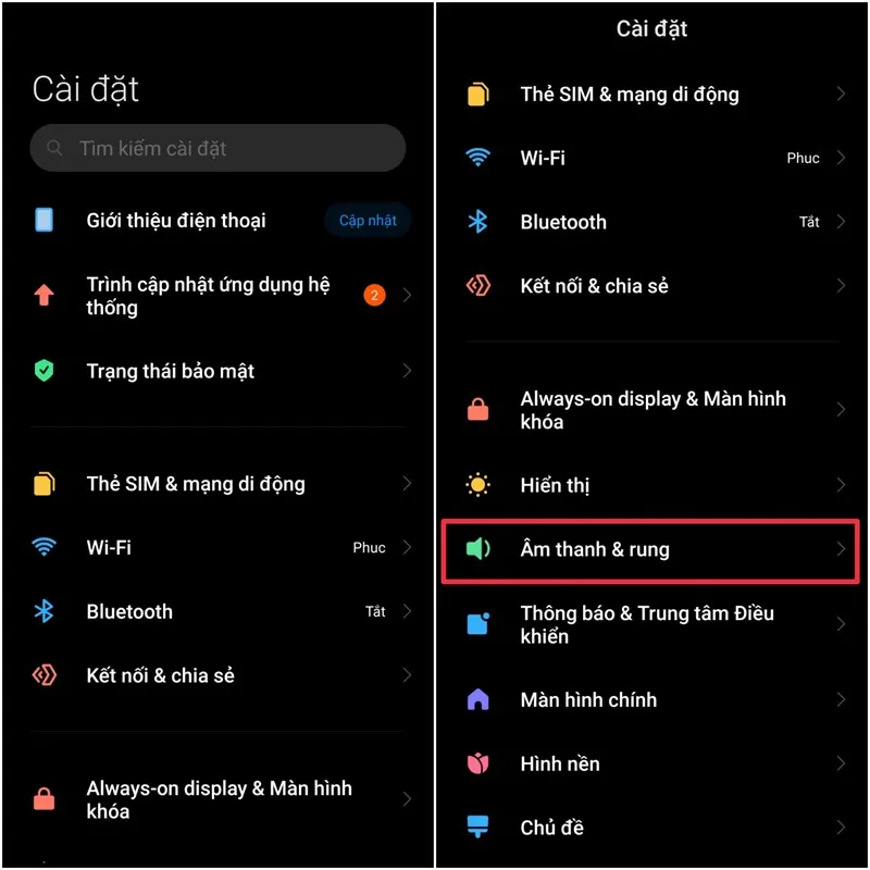 Bước 1 trong cách cài nhạc chuông cho Xiaomi: Chọn Âm thanh và rung