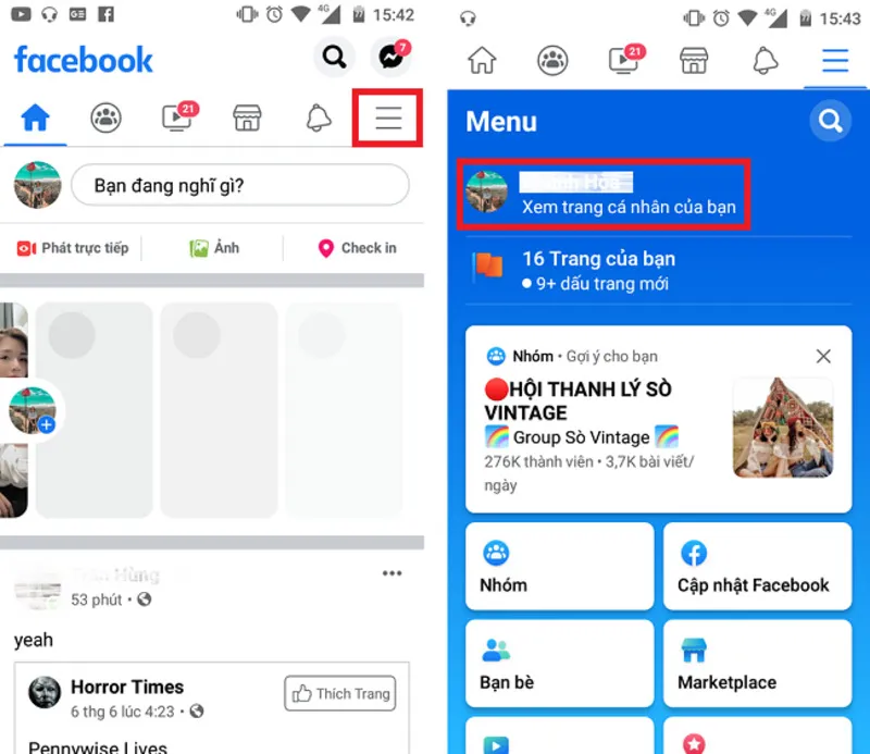 Bước 1: Truy cập Menu trên ứng dụng Facebook để vào Trang cá nhân
