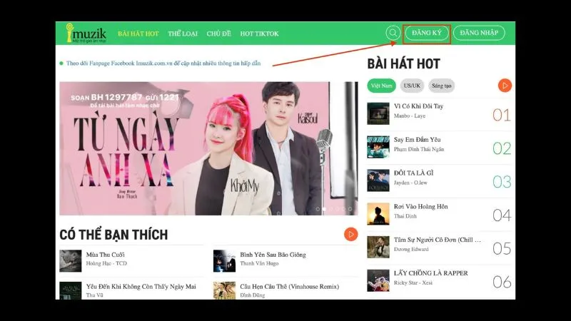 Bước 1: Truy cập website Imuzik và tìm nút Đăng ký