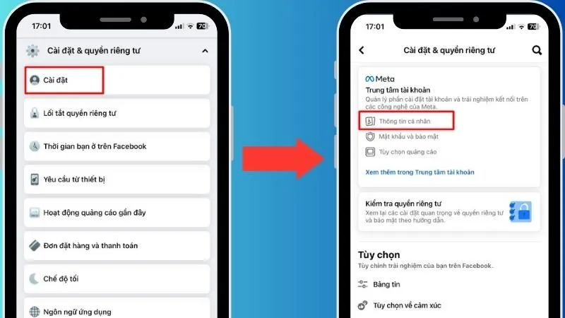 Bước 1: Vào ứng dụng Facebook > Vào phần Cài đặt > Chọn thông tin cá nhân ở Cài đặt & quyền riêng tư