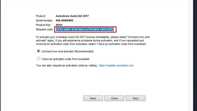 Bước 16: Sao chép Request code từ cửa sổ kích hoạt Autocad 2017