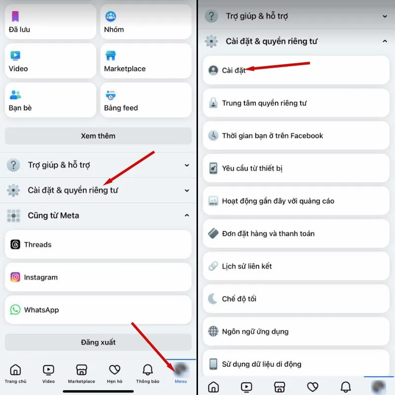 Bước 2: Chọn Cài đặt từ màn hình ứng dụng Facebook di động