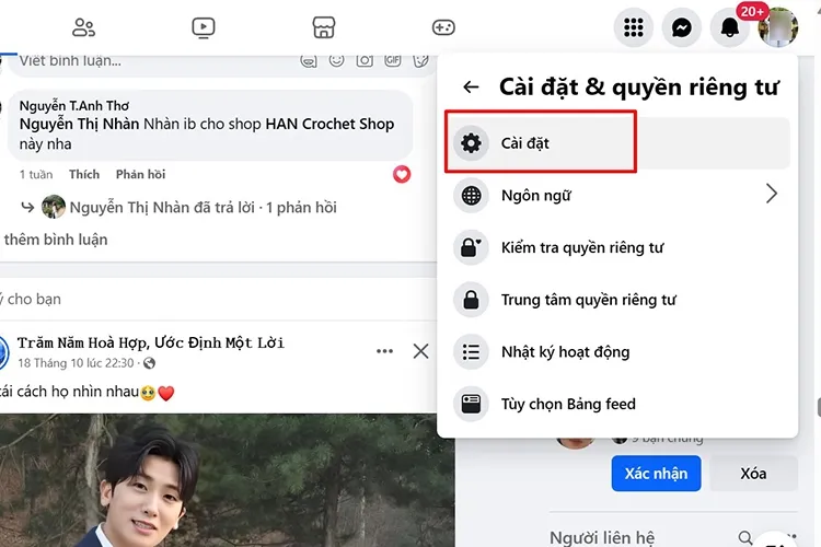 Bước 2: Chọn Cài đặt
