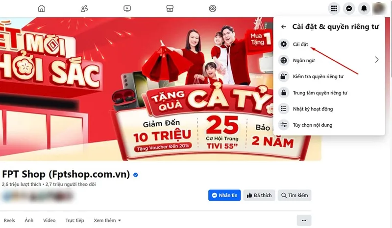 Bước 2: Chọn mục Cài đặt trong giao diện Facebook