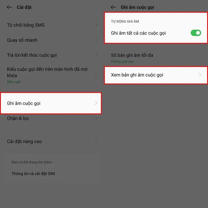 Bước 2: Chọn mục Ghi âm cuộc gọi để hoàn tất cài đặt tự động