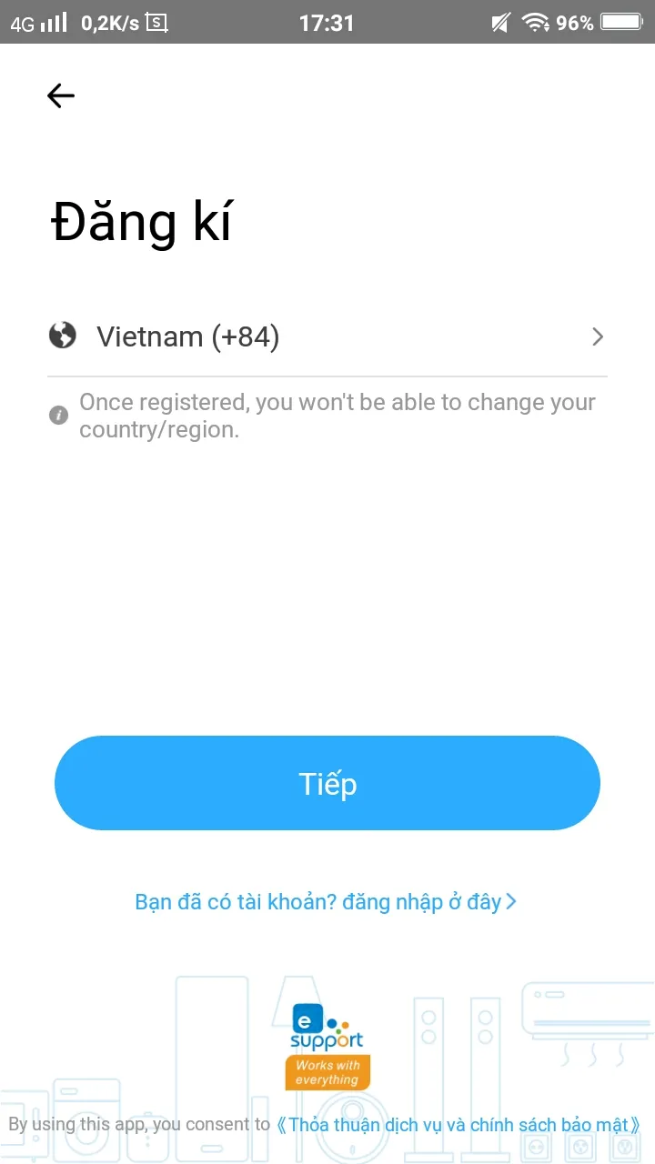 Bước 2: Chọn quốc gia Việt Nam (+84) để đăng ký eWeLink