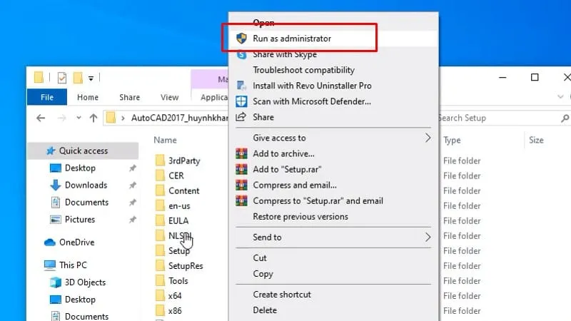 Bước 2: Chọn Run as admin để cài đặt Autocad 2017