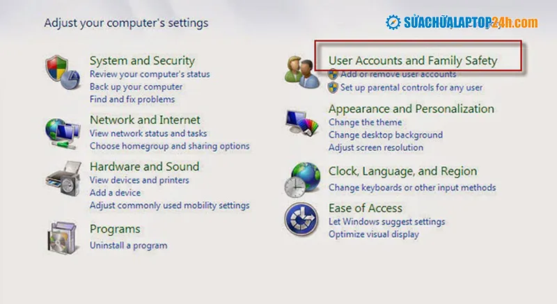 Bước 2: Chọn User Account and Family Safety trong Control Panel để thay đổi cách cài đặt màn hình khóa máy tính Win 7