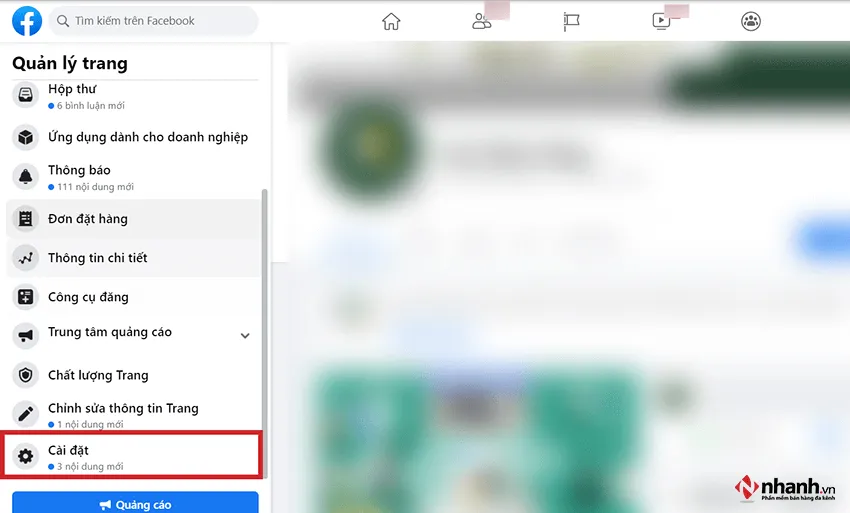 Bước 2: Click vào “Cài đặt” trong quy trình cách liên kết fanpage với group