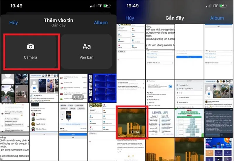 Bước 2 để đăng video story dài, chọn mục Thêm vào tin và Camera