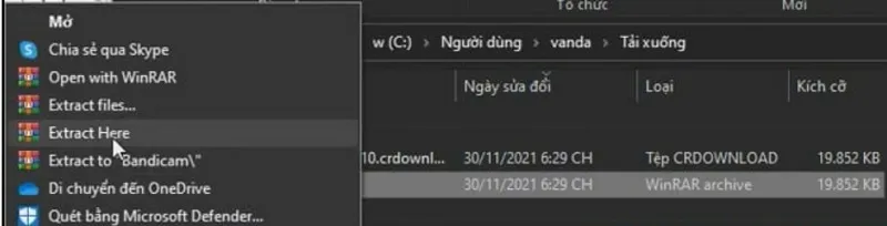 Bước 2: Giải nén tệp cài đặt Bandicam full crack bằng tùy chọn Extract Here