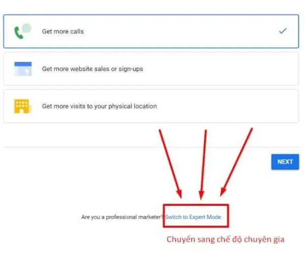 Bước 2: Hình ảnh hướng dẫn tạo tài khoản Google Ads miễn phí, chọn Chuyển sang chế độ chuyên gia.
