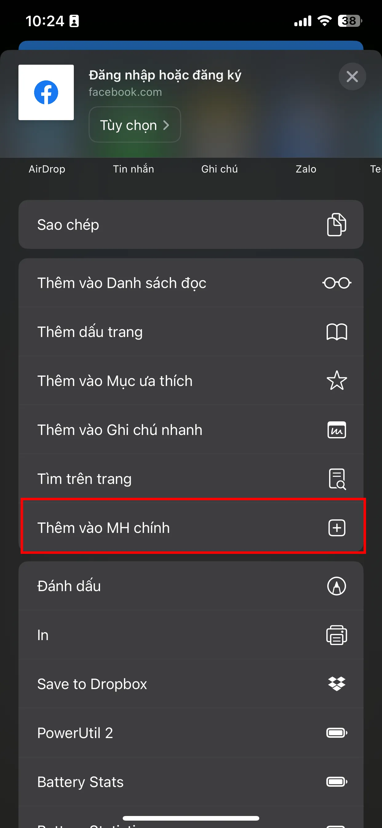 Bước 2 trong cách sử dụng Facebook Lite qua Safari: Chọn Thêm vào MH chính
