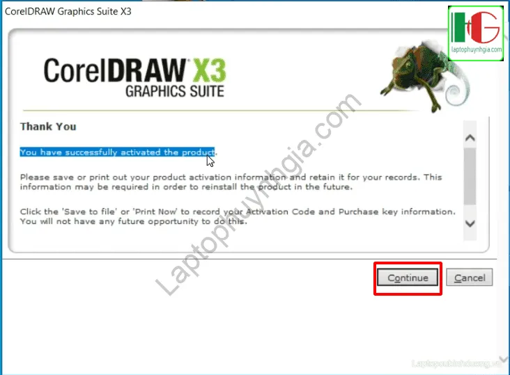 Bước 21: Hoàn tất kích hoạt và thông báo thành công cho Corel X3
