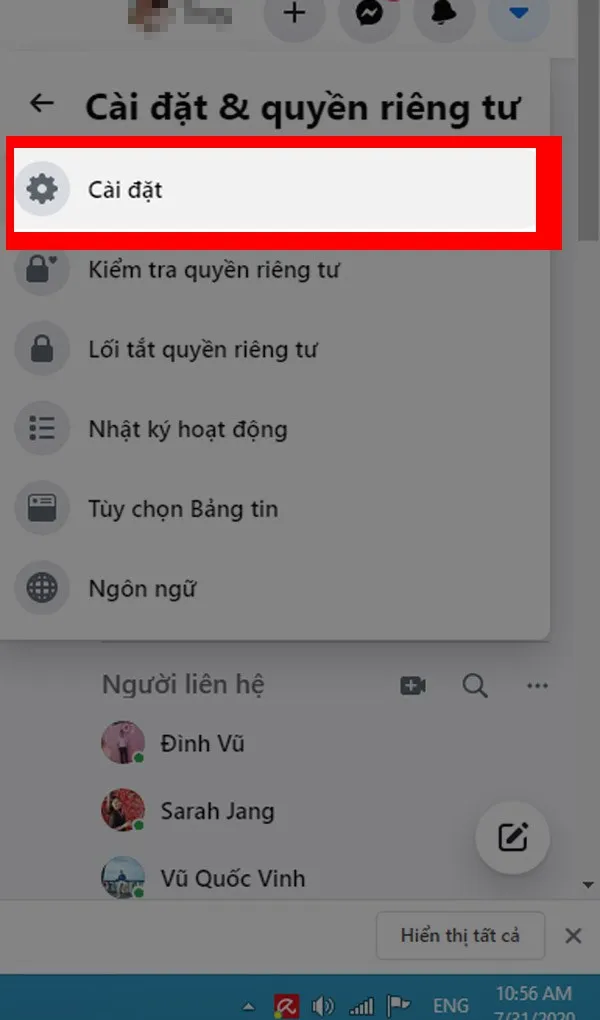 Bước 3: Chọn Cài đặt để tiếp tục quá trình thay đổi thông tin tài khoản Facebook