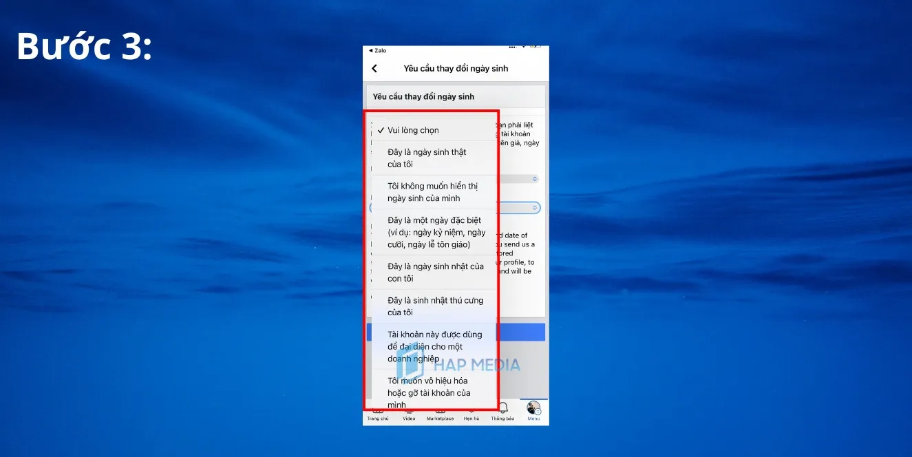 Bước 3: Chọn lý do thay đổi ngày sinh khi đã hết lượt đổi giới hạn