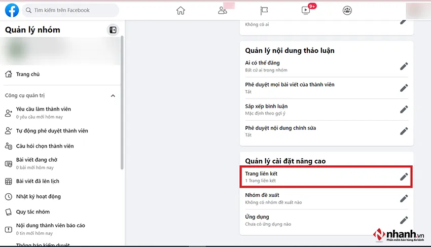 Bước 3: Chọn “Trang liên kết” trong mục quản lý cài đặt nâng cao của nhóm