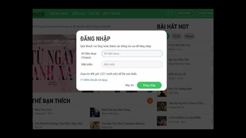 Bước 3: Điền số điện thoại và mật khẩu để đăng nhập Imuzik