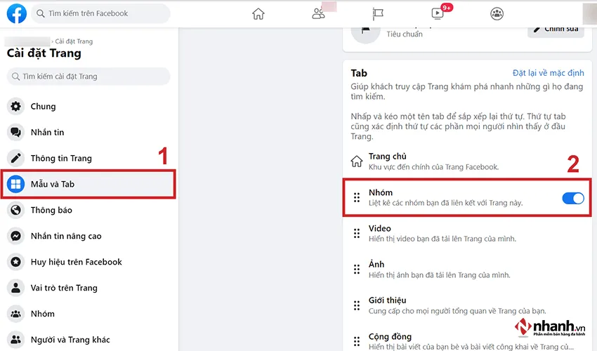 Bước 3: Gạt ngang mục “Nhóm” trong Mẫu và Tab để liên kết fanpage với group