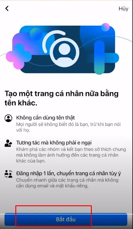 Bước 3: Giao diện giới thiệu tính năng Trang cá nhân phụ và nút Bắt đầu