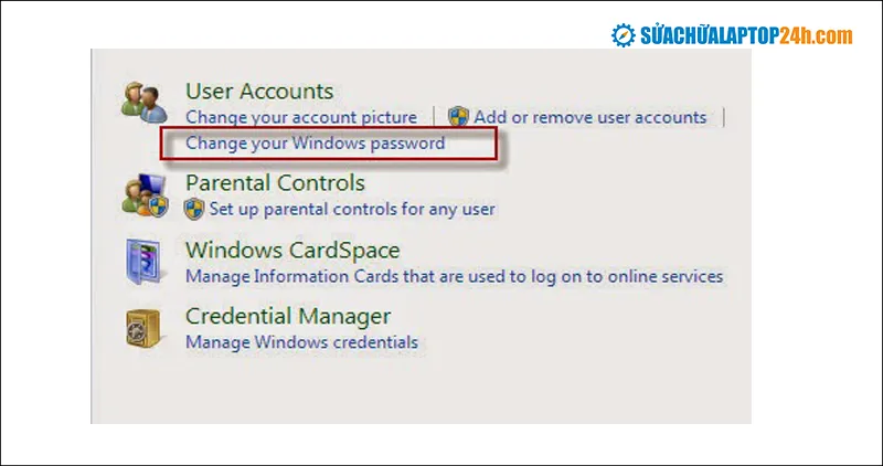 Bước 3: Nhấp chuột vào Change your Windows password để bắt đầu cài đặt màn hình khóa