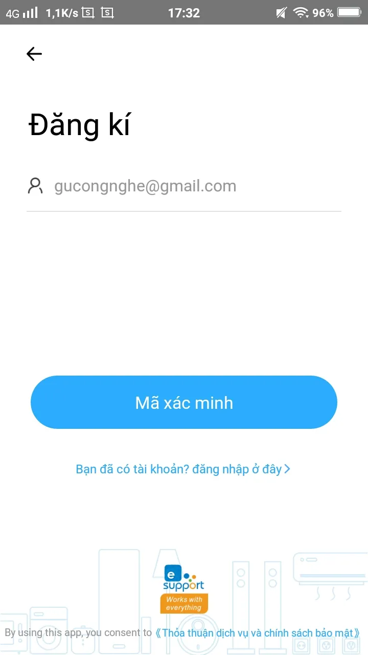 Bước 3: Nhập email để bắt đầu quá trình đăng ký tài khoản Sonoff
