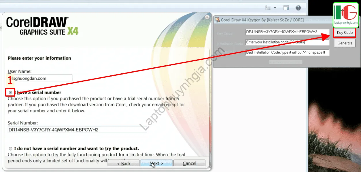 Bước 3: Nhập Serial Number Corel X4 từ Keygen